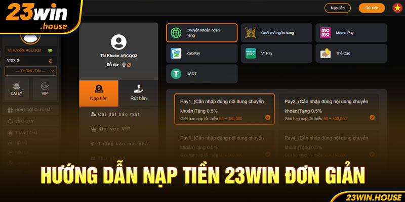 Hướng dẫn từng bước nạp tiền 23WIN đơn giản